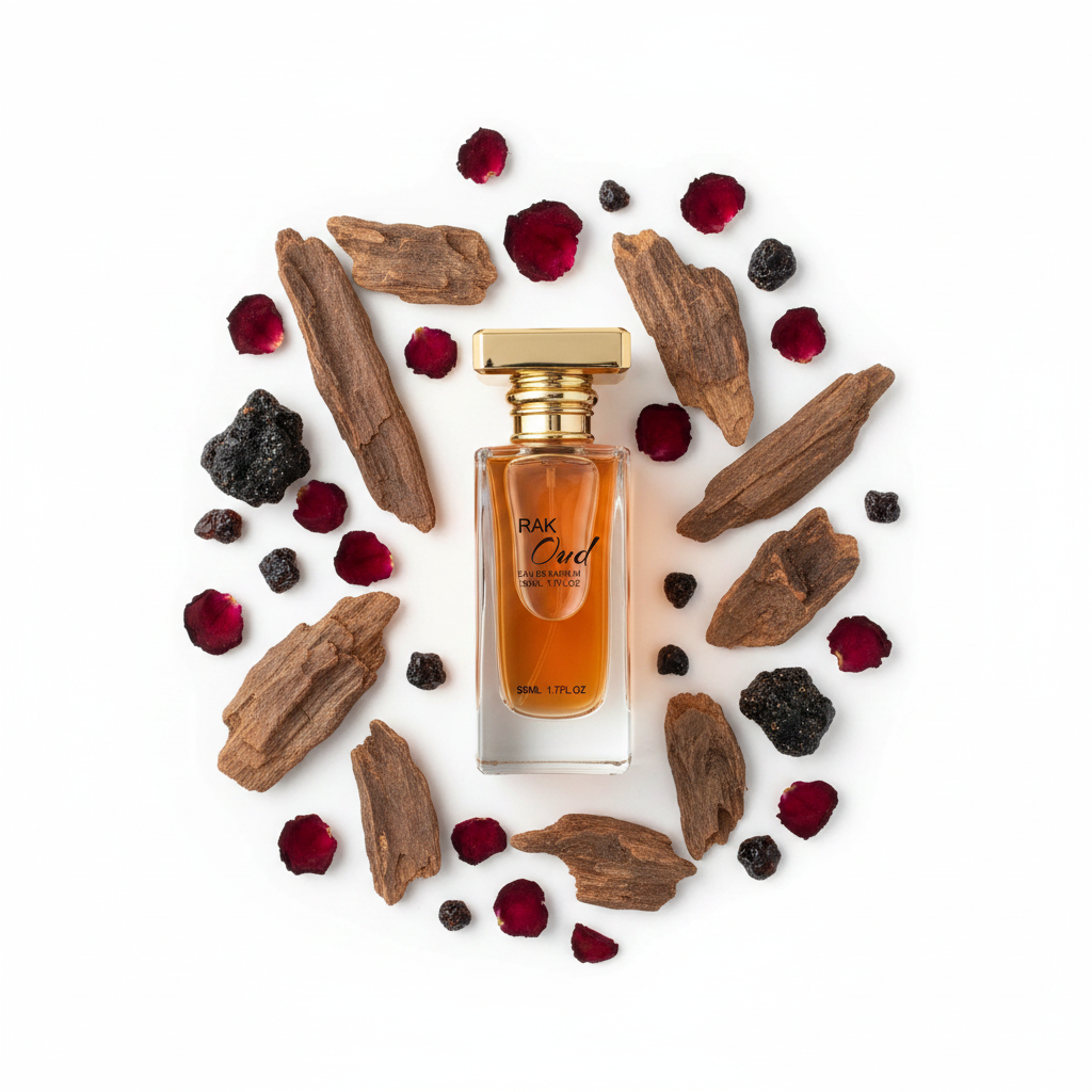 RAK Oud 50ml flat lay with oud wood and spices – BOON Perfumes Dubai oriental fragrance
