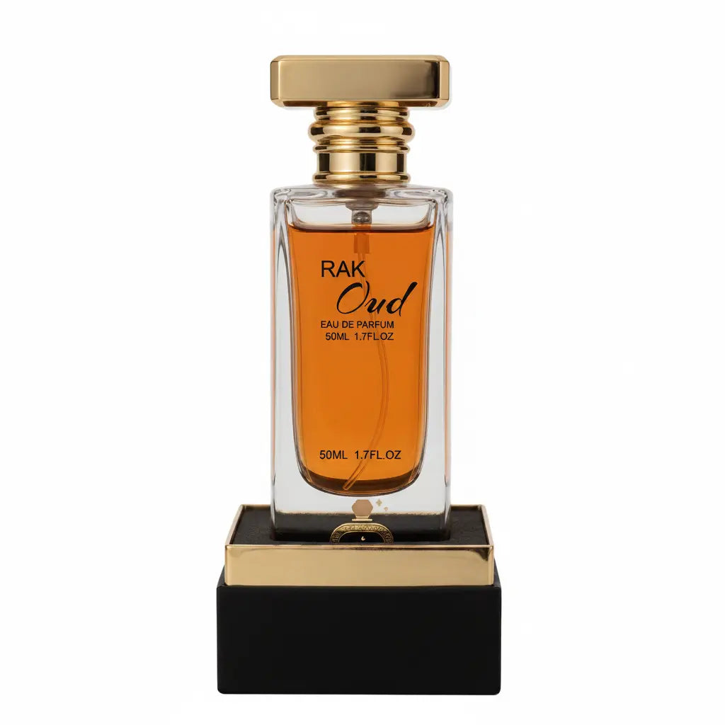 Perfume bottle with gold cap and black base on a white background