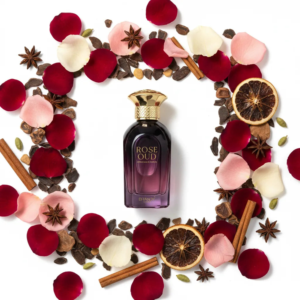 Rose Oud Attar Cel de Parfum flat lay with rose petals, oud wood and spices – Brandy luxury Arabian oriental fragrance
