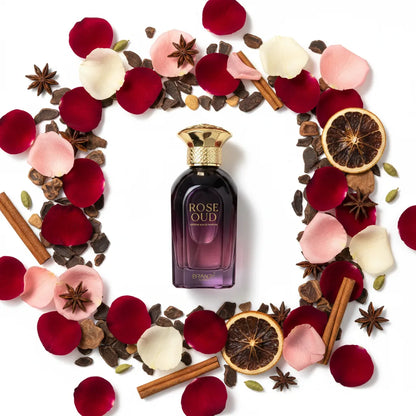 Rose Oud Attar Cel de Parfum flat lay with rose petals, oud wood and spices – Brandy luxury Arabian oriental fragrance
