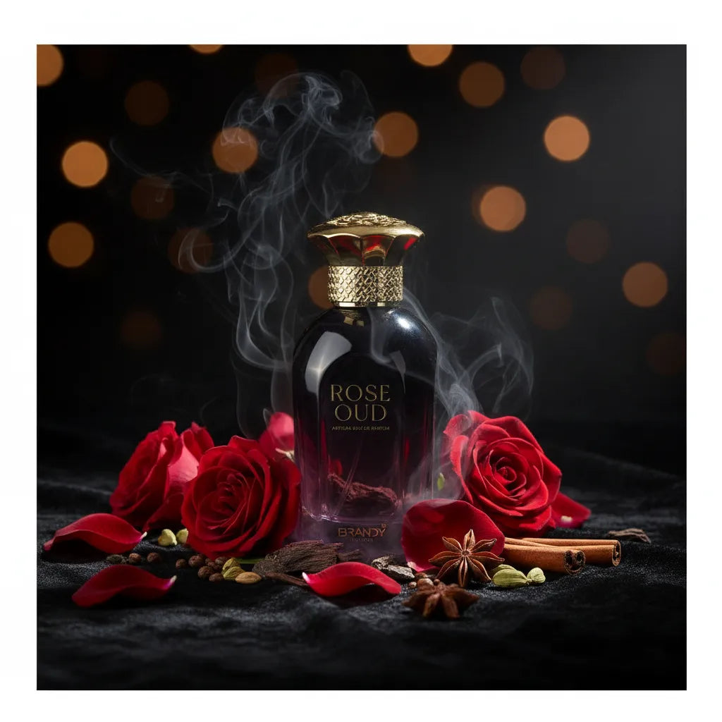 Rose Oud Attar Cel de Parfum lifestyle shot on dark velvet with roses and oud wood – Brandy smoky oriental luxury fragrance Czech Republic
