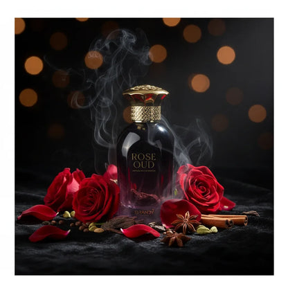 Rose Oud Attar Cel de Parfum lifestyle shot on dark velvet with roses and oud wood – Brandy smoky oriental luxury fragrance Czech Republic
