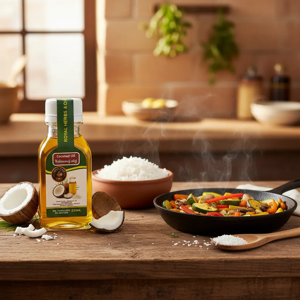 Royal Herbs Coconut Oil used for cooking rice and vegetables – healthy cooking oil 250ml

