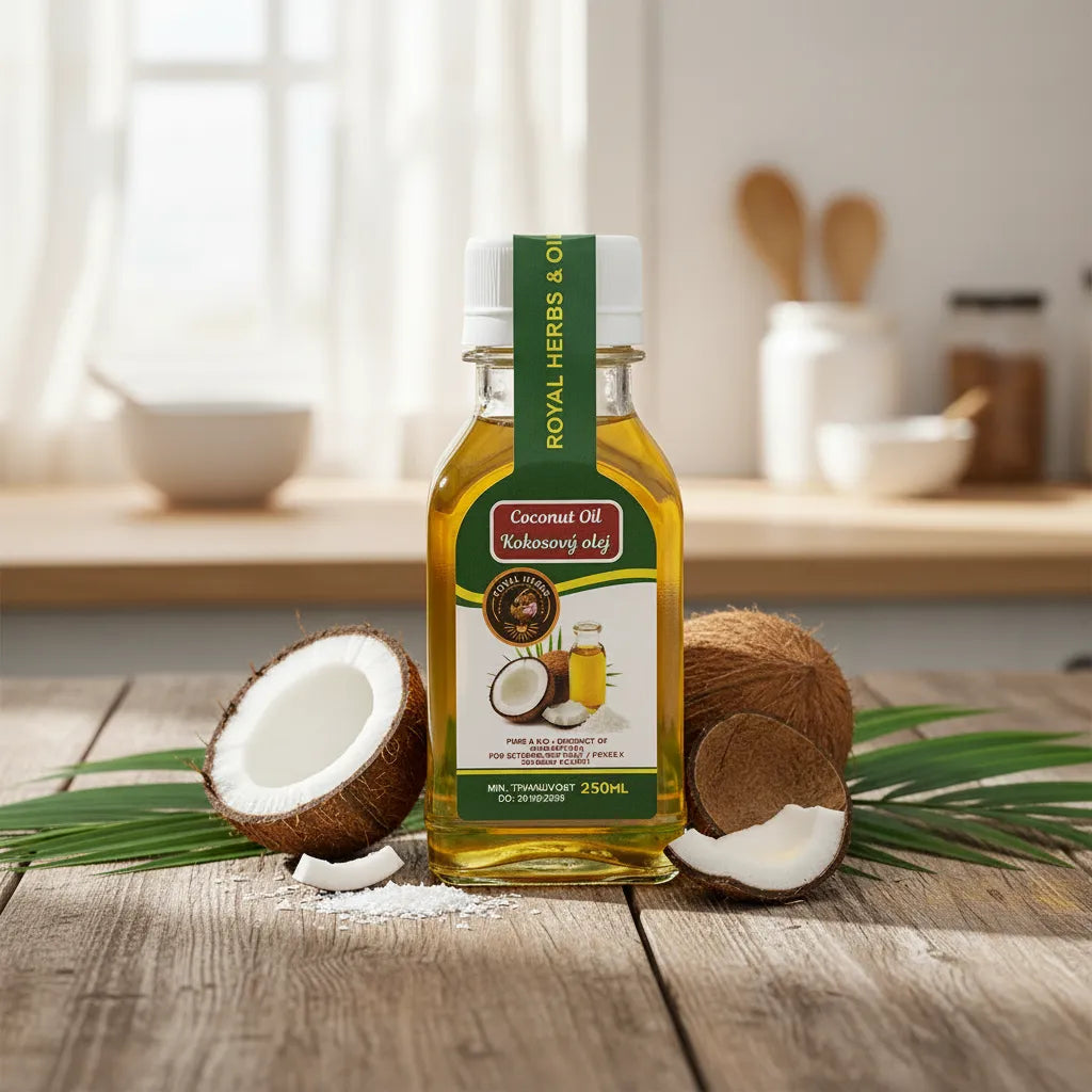 Pure Royal Herbs Coconut Oil being poured into bowl – cold-pressed clear coconut oil

