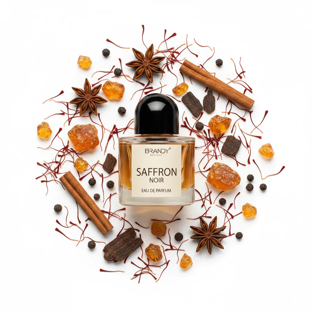 Saffron Noir 100ml flat lay with saffron threads, amber resin and dark wood – Brandy Designs luxury oriental fragrance
