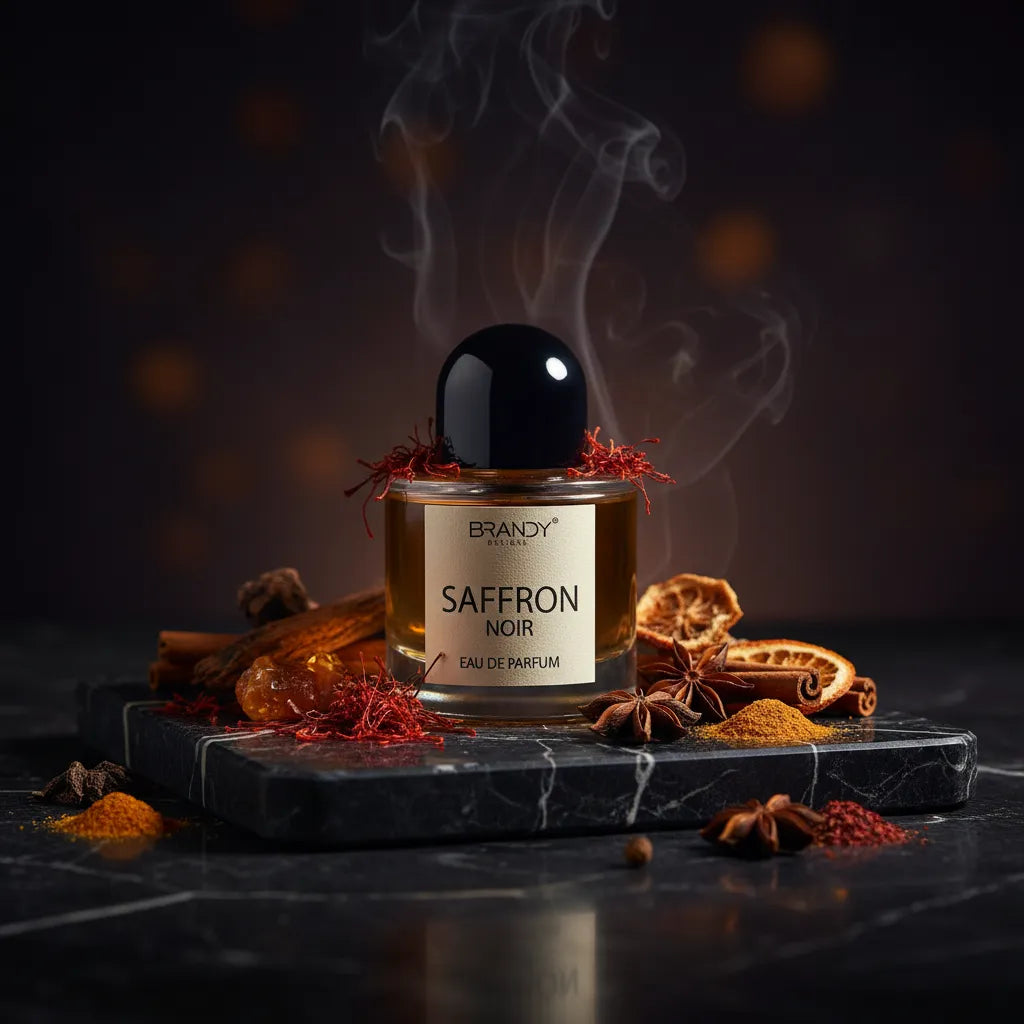 Saffron Noir Eau de Parfum lifestyle shot on dark marble with glowing saffron and amber – Brandy Designs Silk Road oriental luxury fragrance Czech Republic
