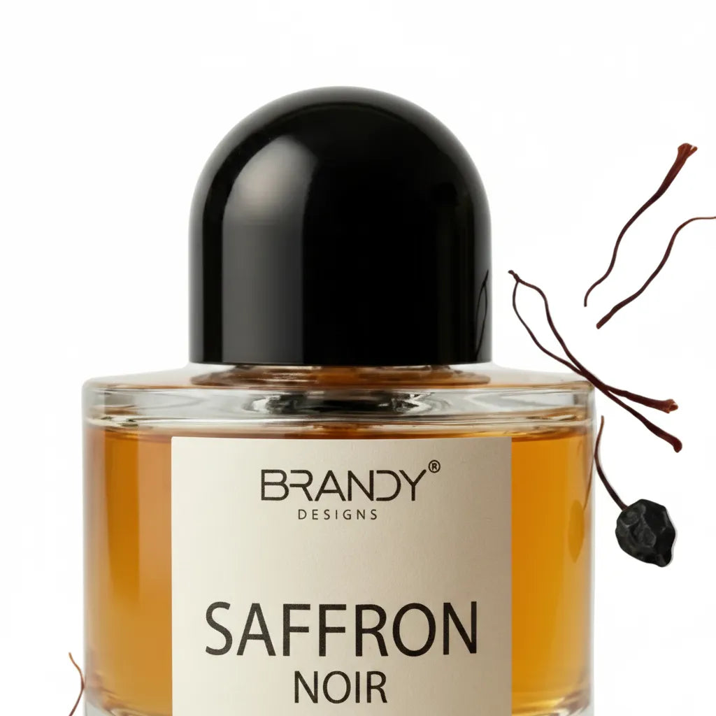 Close-up of Saffron Noir Eau de Parfum bottle – Brandy Designs premium oriental saffron fragrance glass flacon detail
