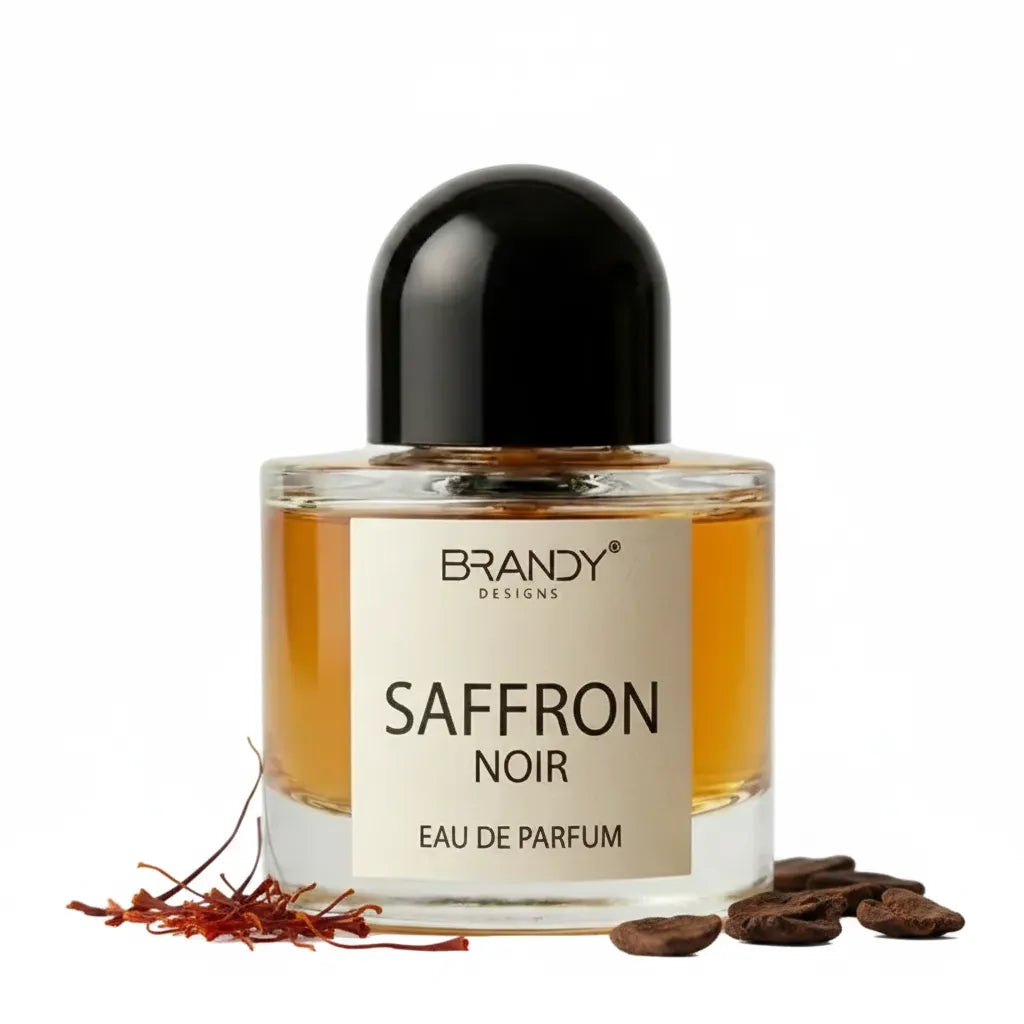 Saffron Noir Eau de Parfum 100ml by Brandy Designs – luxury oriental saffron fragrance with amber and dark woods, available in Czech Republic
