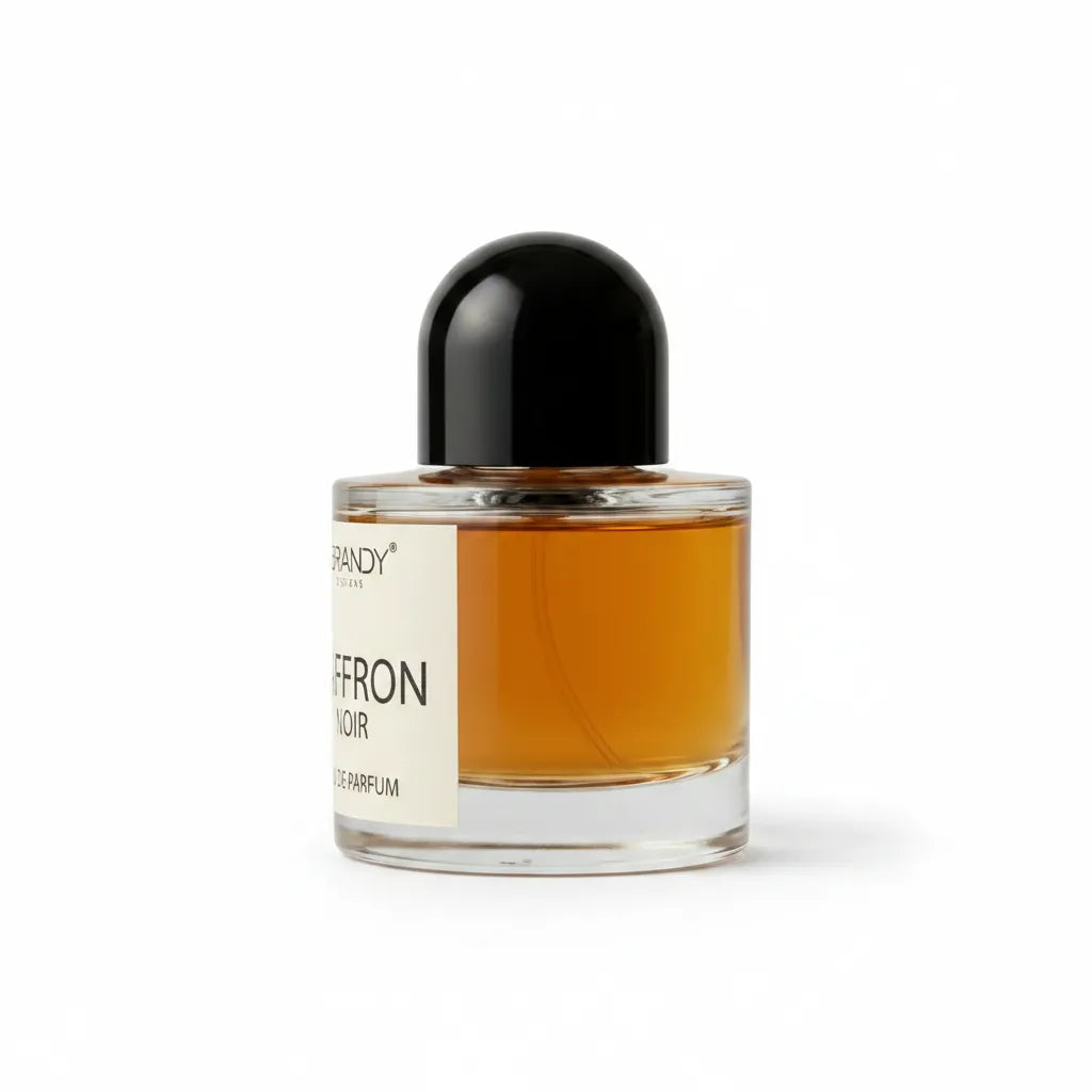 Side profile of Saffron Noir Eau de Parfum 100ml by Brandy Designs – long-lasting unisex oriental saffron fragrance shipped from Prague Czech Republic
