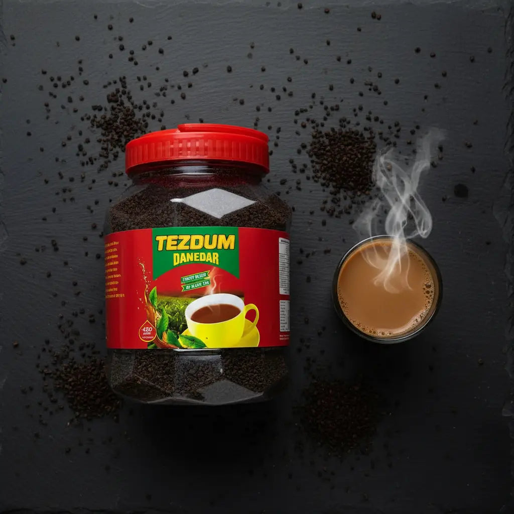 Tezduum Danedar Chai dudhpati jar with a cup of coffee on a dark background