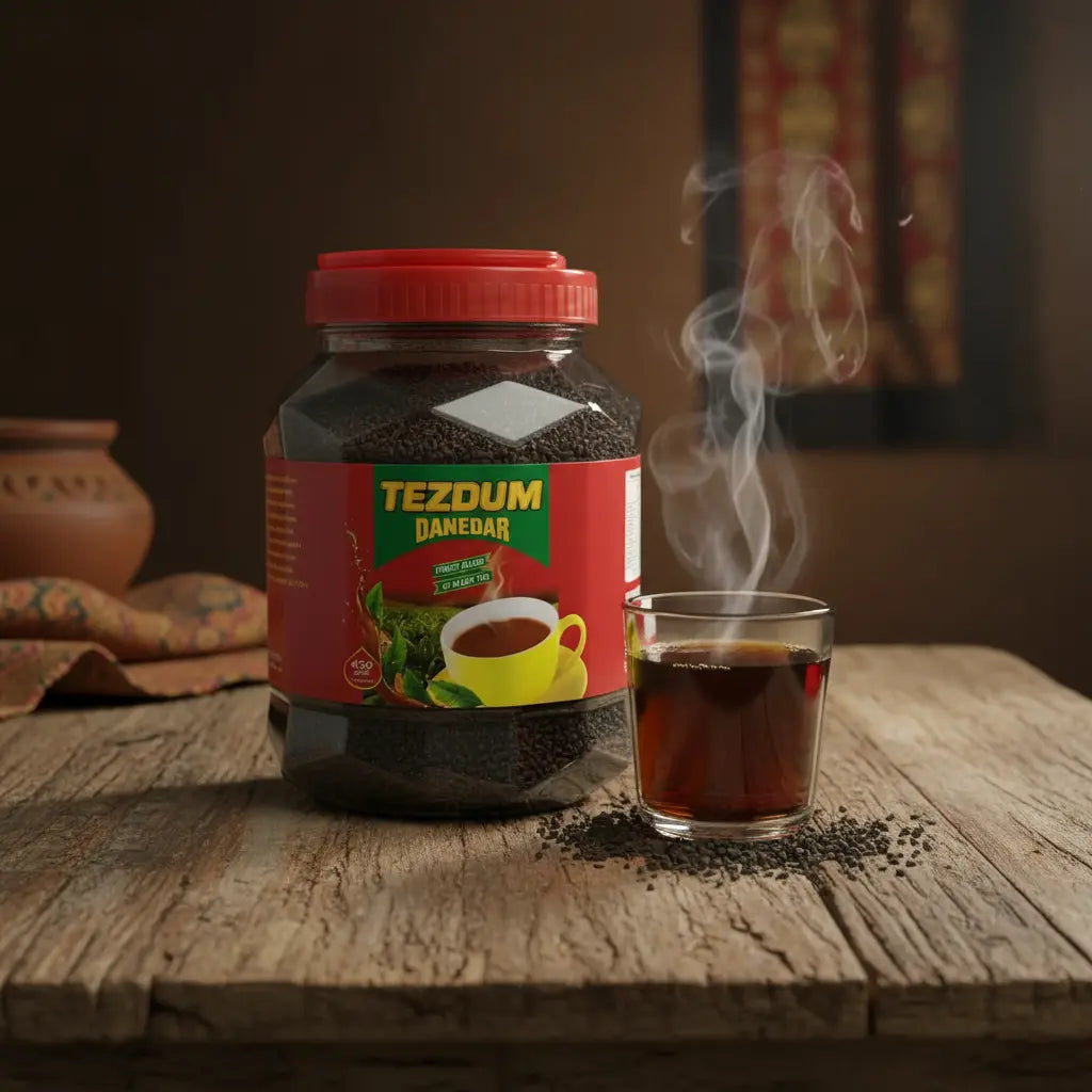 Tezdum Danedar Black Tea 450g flat lay with tea granules and brewed chai – strong black tea oriental supermarket Prague