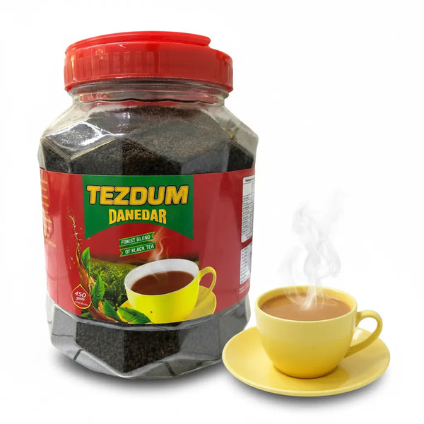 Tezdum Danedar Black Tea 450g box with steaming glass of strong black chai – buy granule tea online Czech Republic