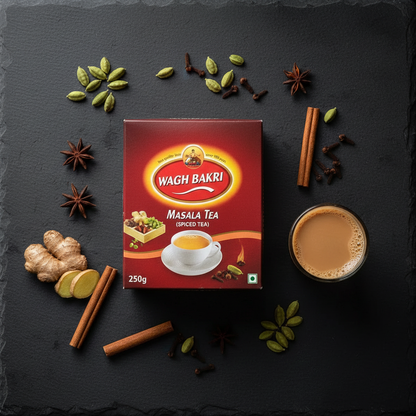Wagh Bakri Masala Chai 250g flat lay with Indian spices and brewed chai – oriental tea shop Prague