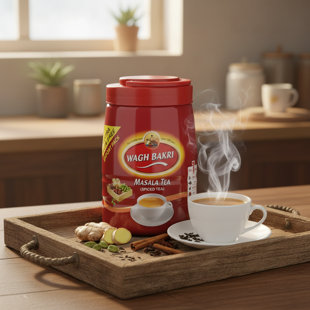Close-up of Wagh Bakri Masala Chai granules on ceramic spoon – premium Indian spiced tea with cardamom and ginger