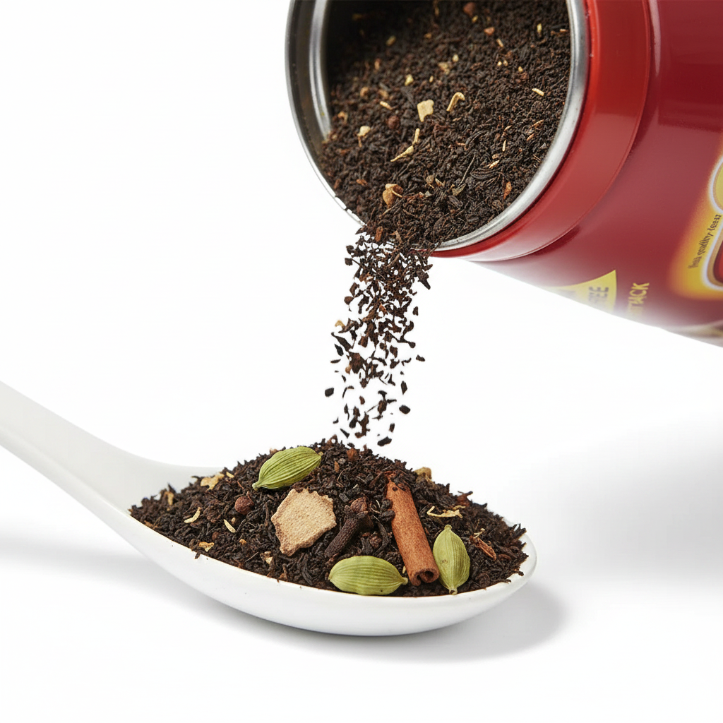 Wagh Bakri Masala Chai 250g with steaming glass of masala tea and whole spices – buy Indian spiced tea online Czech Republic