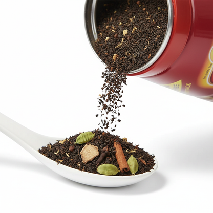 Wagh Bakri Masala Chai 250g with steaming glass of masala tea and whole spices – buy Indian spiced tea online Czech Republic